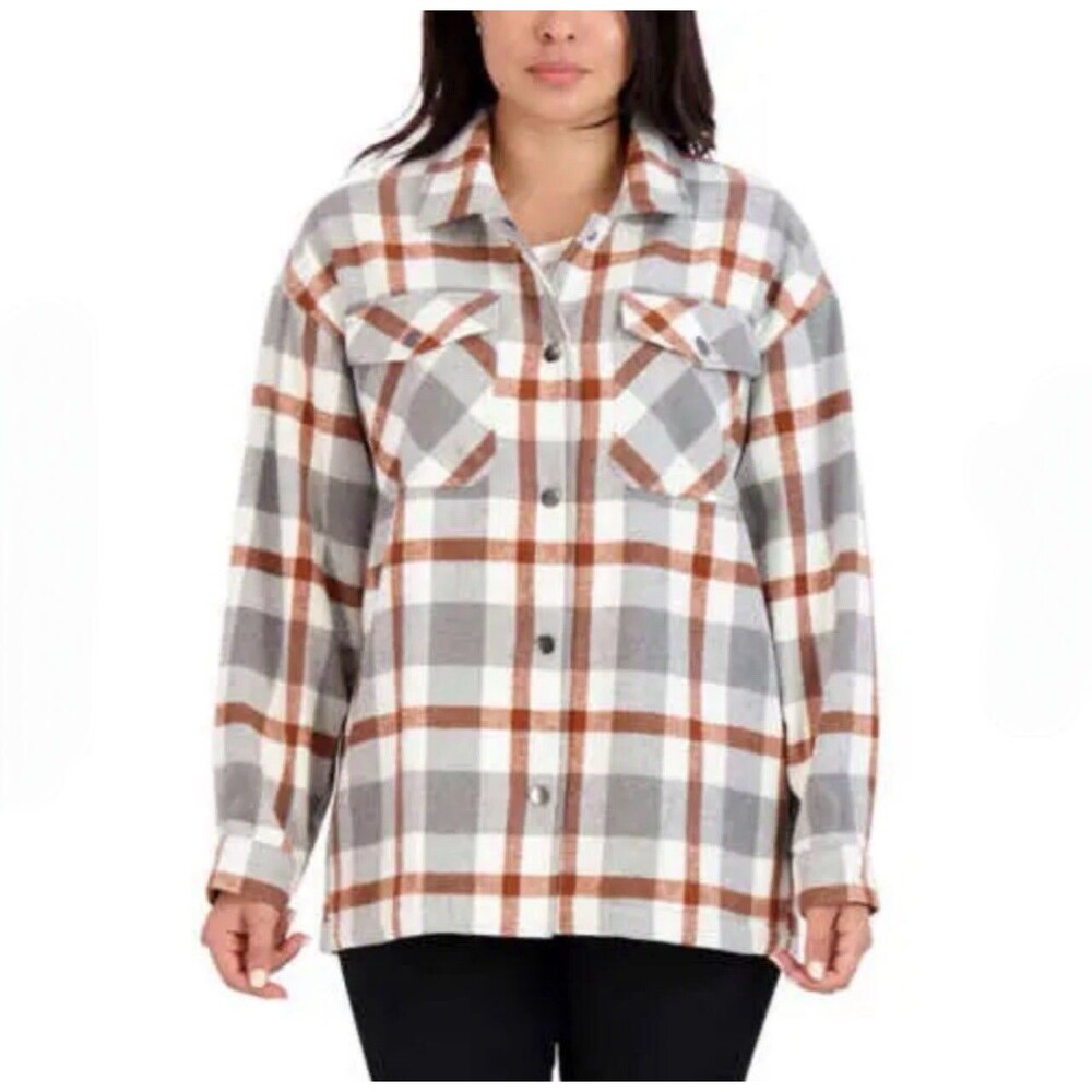 HFX Women’s Shirt Jacket Relaxed Fit Drop Shoulder Pockets SIZE L GRAY/BROWN
